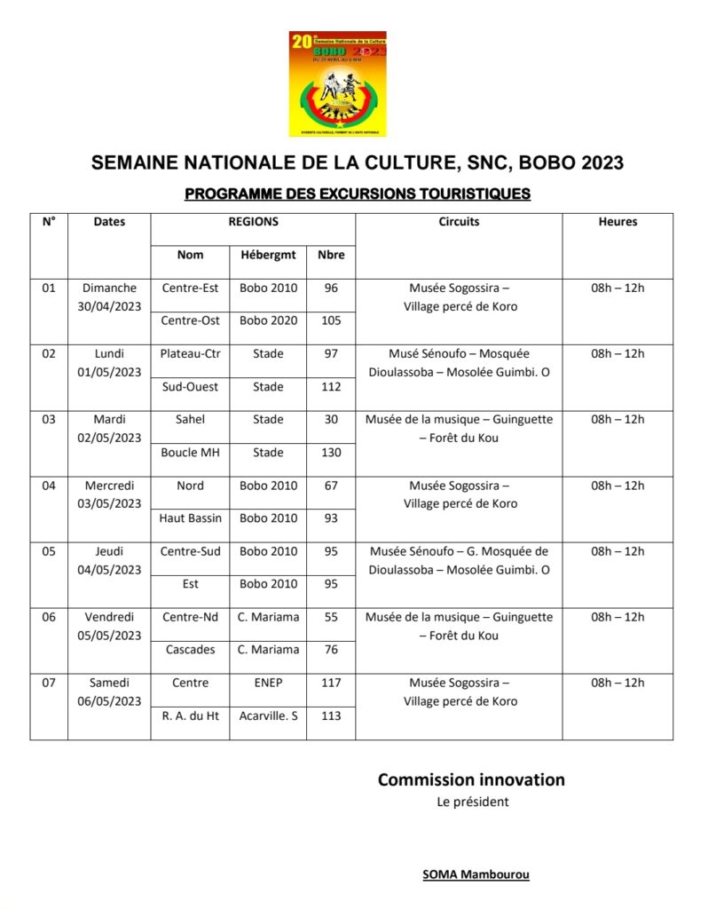 SNC 2023 : PROGRAMME DES EXCURSIONS TOURISTIQUES